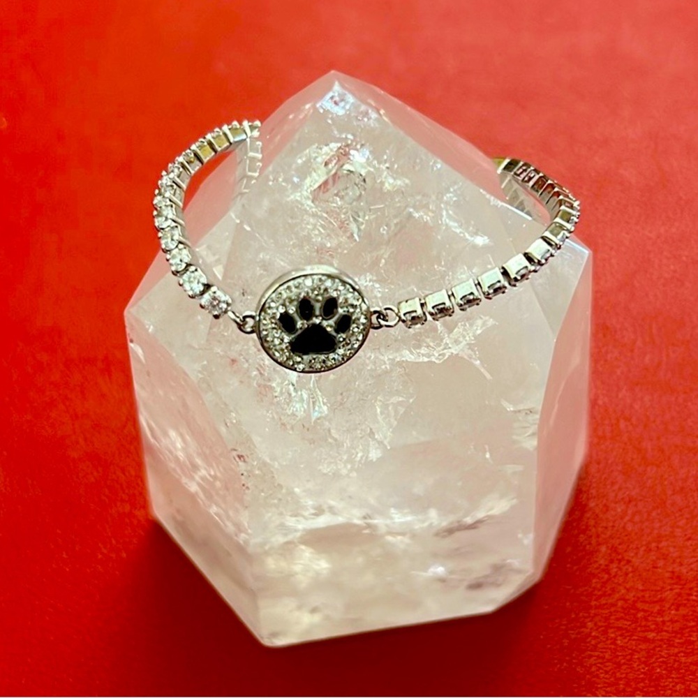 Sterling Silver Adjustable Bracelet - Paw Charm with CZ